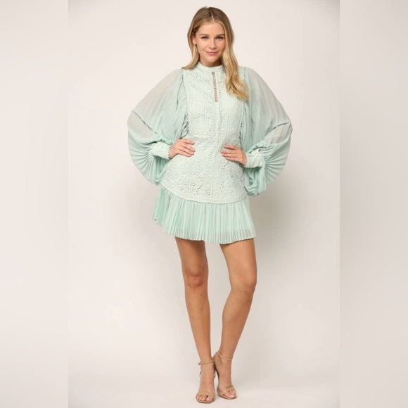 Pleated Volume Sleeve Lace Mini Dress|Statement Long Sleeve Party Dress|S–M - Picture 2 of 12